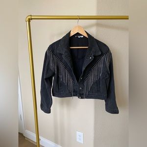 Black Denim Rhinestone Fringe Jacket M